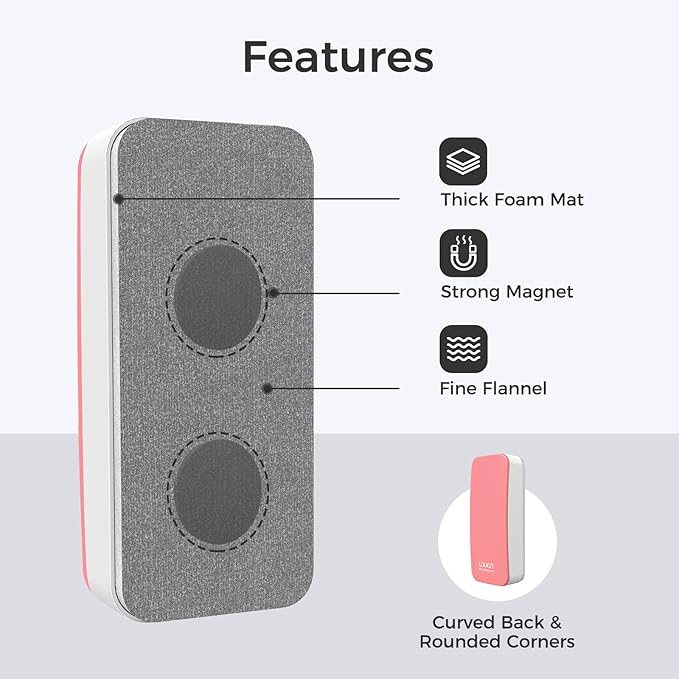 loukin Magnetic Dry Erase Eraser, Whiteboard Eraser, Glass Board Remover, 3.4 fl oz Whiteboard Cleaner Included, for Classroom, Home and Office Use (Pink)