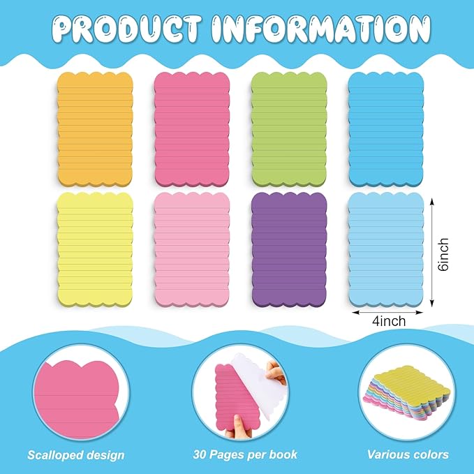 Eaasty 8 Pack Scalloped Sticky Notes Bulk Christmas Cute Self Sticky Note Pads Multi Color Bright Vintage Note Pads or School Office Supplies 240 Sheet(4" X 6",Lined Multi Color)