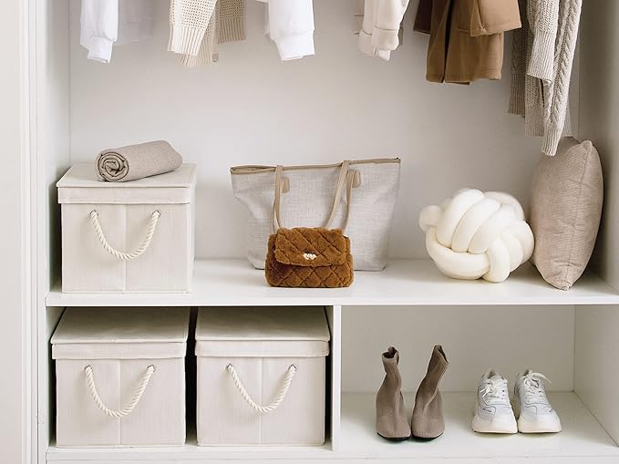 StorageWorks Storage Bins with Lids, Decorative Storage Boxes with Lid and Soft Rope Handles, Foldable Storage Baskets for Closet, Shelves, Stackable, Mixing of Beige, White & Ivory, Jumbo, 3-Pack