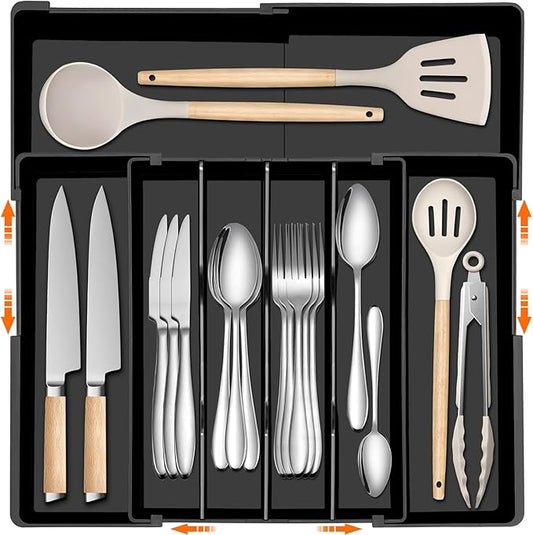 Silverware Organizer - Expandable Kitchen Drawer Organizer, Adjustable Silverware Drawer Organizer, Plastic Cutlery Tray for Forks, Knives, Kitchen Drawer Organizers and Storage, Black