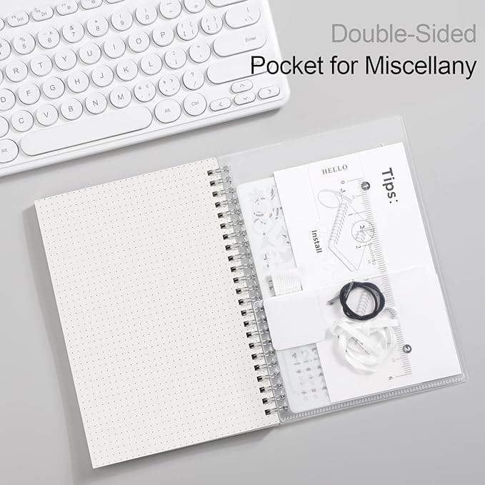 AHGXG Bullet Dotted Journal - Dot Grid Spiral Notebook A5, 160 Pages, 100 GSM Thick Paper, Waterproof Plastic Cover Journals for Bullet Journaling, Sketching, 5.7" x 8.3", Transparent