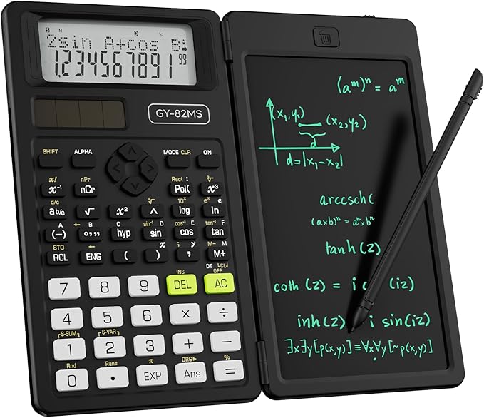 Scientific Calculators for School with Notepad, ROATEE Middle and High School Supplies for Student, 82 MS Foldable 2-Line Display Science Calculator with Writing Tablet, Solar and Battery Power Black
