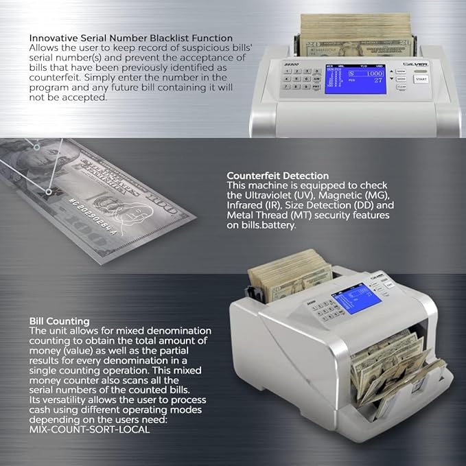 USD EUR CAD GBP MXN Money Counter Machine, Quick Mixed Denomination Bill Counter, Counterfeit Detection UV/MG/IR/DD/MT/DBL/HLF/CHN, with Printer Included, S6500