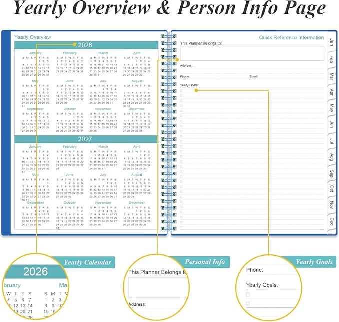 2026 Planner - Planner 2026 from January 2026 to December 2026 with 12 Monthly Tabs, Flexible Cover, Inner Pocket, 8.5" x 11", Blue