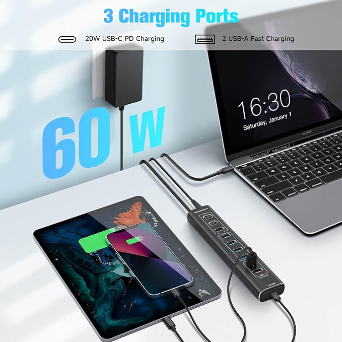 Rosonway 10-Port Powered USB 3.2/USB C Hub 60W with 3x10Gbps USB-3.2 Ports (2C + 1A), 4 USB 3.0 Data Ports, 1 USB-C PD and 2 USB-A Fast Charging Ports, Aluminum USB Splitter for Laptop/PC, RSH-A10QPD