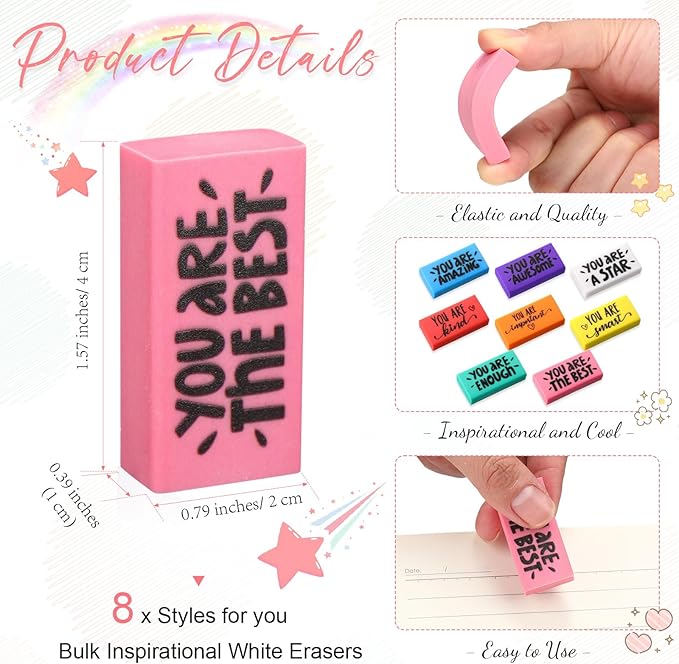 PerKoop 150 Pcs Inspirational Erasers Bulk Back to School Gifts Colorful Motivational Pencil Erasers for Kids First Day of School Favors for Students Teachers Classroom Office Supplies