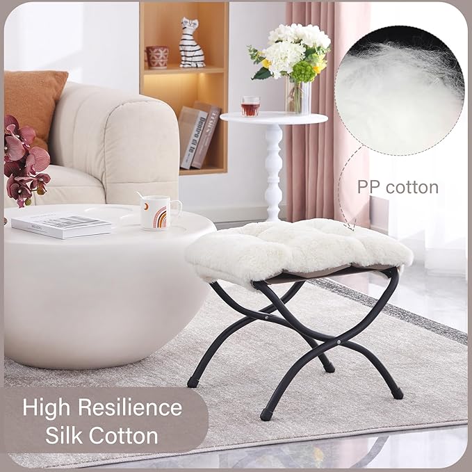 LITA Folding Upholstered Footrest Stool, Modern Small Portable Accent Ottoman with Detachable Thick Cotton Cushion Padded Sofa Stool with Metal Frame for Lazy Chair, Living Room & Bedroom, Plush Beige