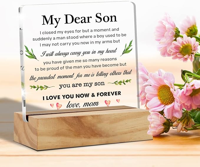 Mom's Gift to My Son: Acrylic Desk Plaque Sign with Wood Stand for Home Office
