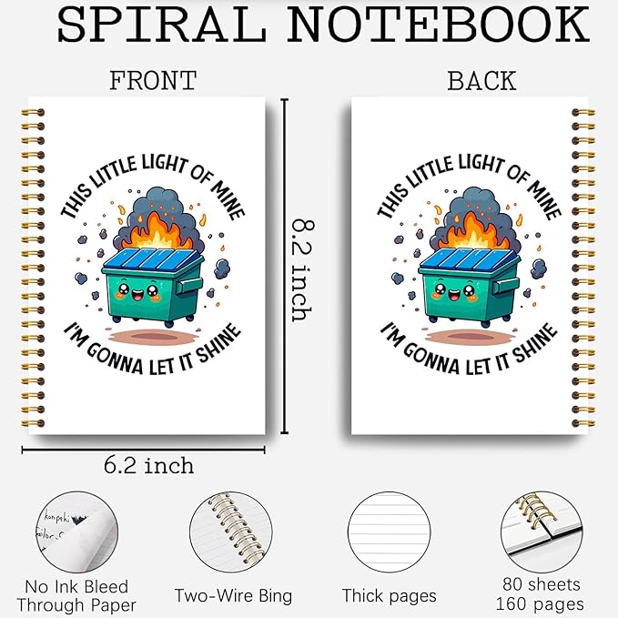 Humorous Dumpster Fire Notebook, This Little Light of Mine Dumpster Fire Journal, Funny Office Supplies, Funny Journals for Women, Hardcover Spiral Notebooks 5.5x8.3 Inch