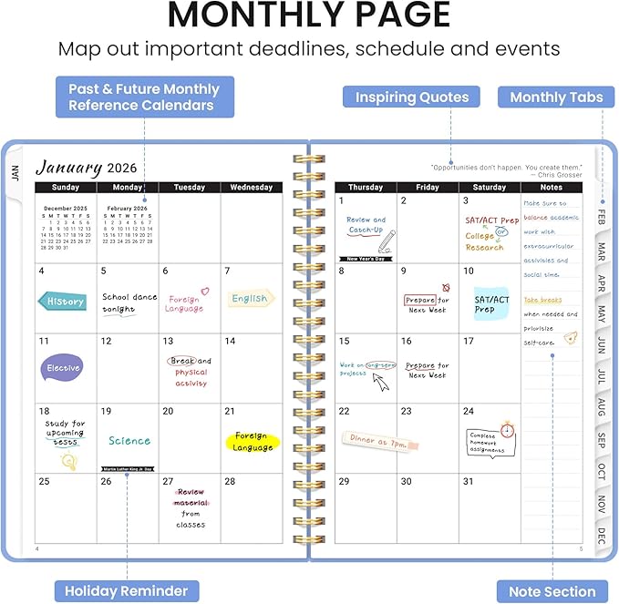 2026 Planner, Weekly and Monthly Calendar Planner, January 2026 - December 2026, Hardcover 2026 Calendar Planner Book with Tabs For Women & Men, Inner Pocket, Spiral Bound, Perfect for Office Home School Supplies - A5 (6.3" x 8.5"), Lavender