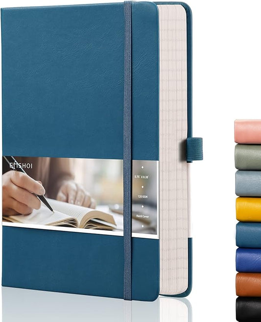 EMSHOI College Ruled Notebook Lined Journal - 120gsm Thick 256 Numbered Pages, A5 Hardcover Leather Writing Notebook for Work School Travel Women & Men - with Sticky Notes, 5.75"x8.38", LightBlue