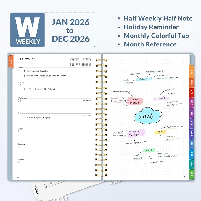 SUNEE 2026 Weekly and Monthly Planner - January 2026-December 2026, 6.4" x 8.3" Half Weekly Half Note, Daily Agenda Planner with PVC Waterproof Cover, Monthly Tab, Note, Pockets, Bookmark, Blue