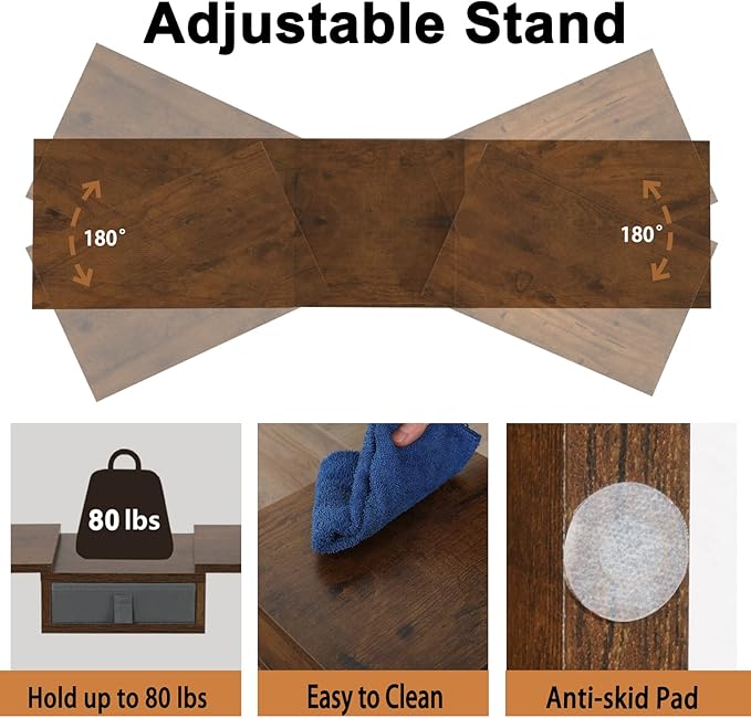 TEAMIX 3 Shelf Monitor Stand Riser With Drawer - Length and Angle Adjustable Dual Riser With Storage Corner Desk Shelf Organizer Large Computer Stand for 2 Monitors/Laptop (Brown, 1 Drawer)