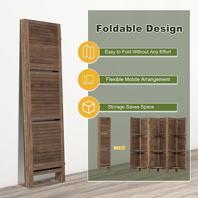 NicBex 6 Panel Room Divider,5.6FT Wood Carved Room Dividers with Display Shelves Folding Privacy Screens Portable Freestanding Partition Wall Dividers for Room Separation, Bedroom Office,Dark Brown