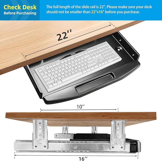 Solid Steel Under Desk Keyboard Tray Slide Out with 360° Rotating Mouse Platform,Keyboard Shelf Sliding,Under Desk Mounted Keyboard Holder,Under Desk Keyboard Drawer 28"Lx10"W