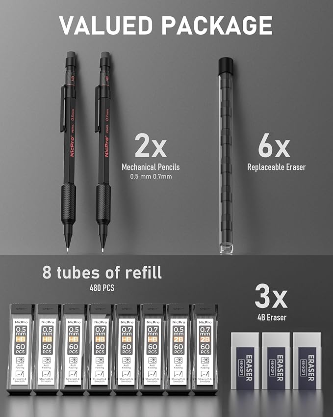 Nicpro 0.5 mm & 0.7 mm Mechanical Pencil Set with Case, MP2000 Metal Artist Mechanical Pencil With 6 Tube HB 2B Lead Refills, Eraser, Weatherproof Barrel for Outdoor Writing Drafting Sketching