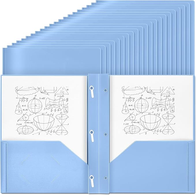Yeaqee 30 Pcs Plastic Folders with Pockets and Prong Plastic Folders with 2 Pockets Pocket for Office, School for Students, Teachers, Office Workers (Haze Blue)