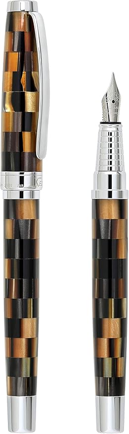 Xezo Urbanite Fountain Pen, Fine Nib. Woody Brown, Tan, Silver, and Black Acrylic on Brass. Chrome Plated. Limited Edition and Serialized