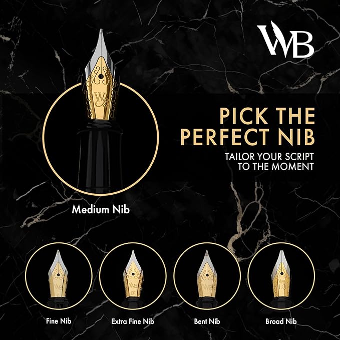 Wordsworth & Black Fountain Pen Set, Medium Nib, Includes 24 Ink Cartridges and Ink Refill Converter, Gift Case, Journaling, Calligraphy, Smooth Writing Pens [Black Gold], Perfect for Men and Women