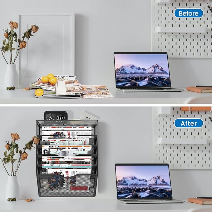 6 Tier Wall File Organizer Hanging Vertical File Organizer, Wall Mounted Mail Paper Document Folder Holder, Mesh Magazine Rack Mail Document Organizer for Office School Home(Black)