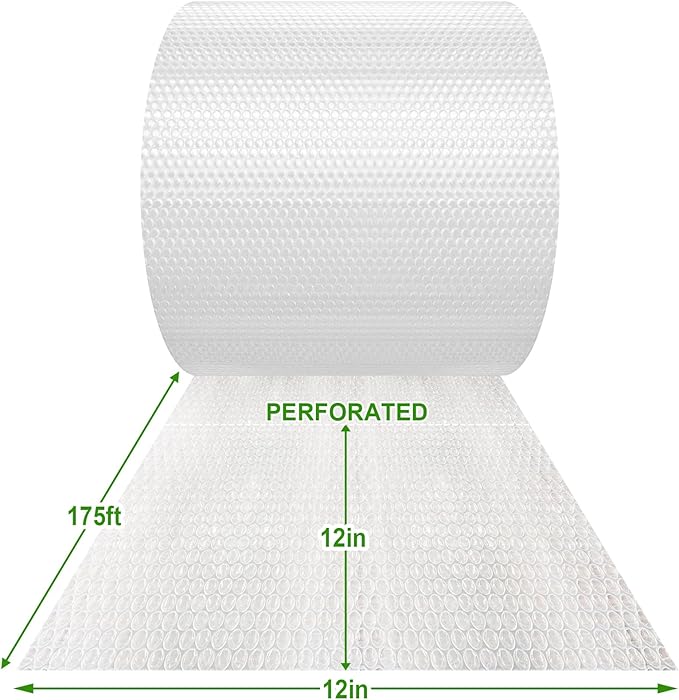 A&A Heavy-Duty Bubble Wrap Cushioning Roll – 12”x175’ Perforated Every 12”, Tear-Resistant Packing Wrap for Moving, Shipping and Storage Made in US