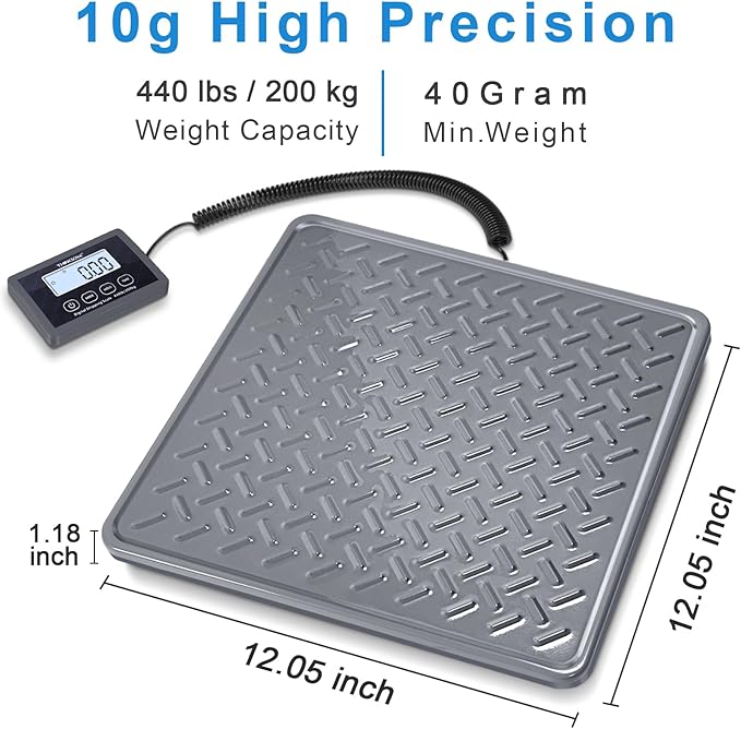 THINKSCALE Shipping Scale, 440lb/1oz Digital Heavy Duty Postal Scale, Strong Steel Platform, Postage Scale with Hold/Tare/LCD Display, Scale for Packages, Luggage Scale, Battery&AC Adapter Included