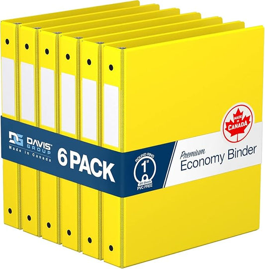 Premium Economy 6-Pack 3-Ring Binders for School or Office, Round-Ring Binders, 1 Inch, Yellow