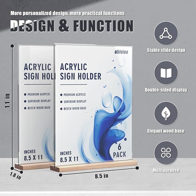 Acrylic Sign Holder 8.5x11 with Wood Base, Clear T shape Table Display Stands for Office, House, Store, Restaurants, and Event use, Double side Flyer Holder for Ads,Menu,Picture,Memory(6 packs)