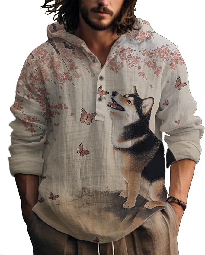 MARSVOVO Hooded Long Sleeve Shirt Men Fashion Graphic Button Up Lightweight Big and Tall Casual Vacation Shirts for Men