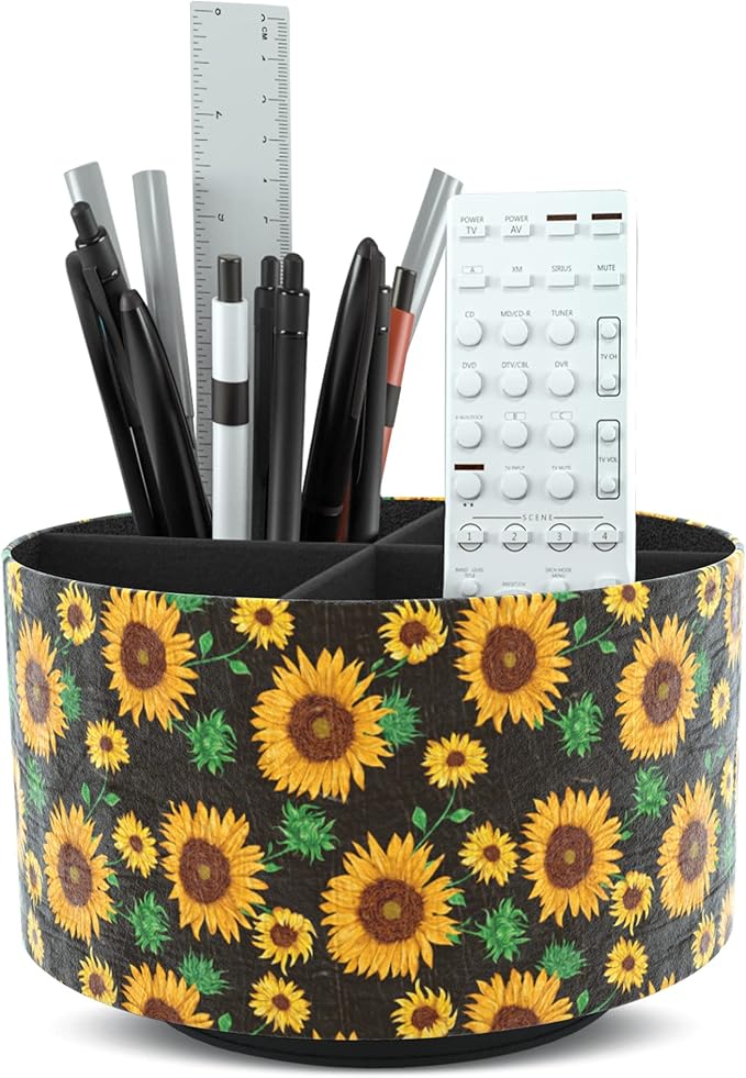 Hennaja Round Leather Art Supply Organizer,Remote Control Holder,360 Degree Rotating,Multi-Functional Pencil Holder,4 Compartments Desktop Stationary Organizer(1-Sunflower)