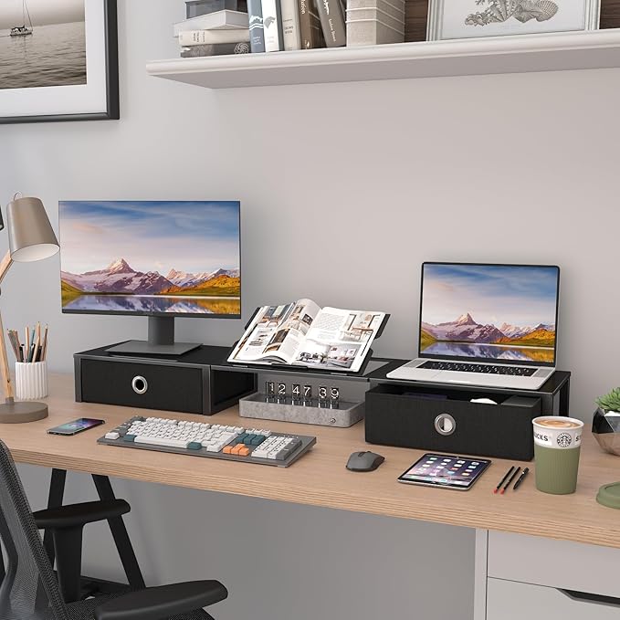 WESTREE Monitor Stand Riser with Adjustable Laptop Stand Riser, Steel Frame Dual Monitor Stand with Two Drawers for 2 Monitors, Desktop Oraganizer Stand for Computer,Laptop,Screen