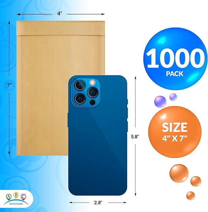 ABC PACK & SUPPLY Brown Kraft Bubble Mailer Envelopes, 4 x 7 Inches. 1000 Pack Mail Padded Envelopes Self Seal. Kraft Bubble Mailers. Tear-Resistant Mailing Envelope Padded. Sturdy Paper Mailer