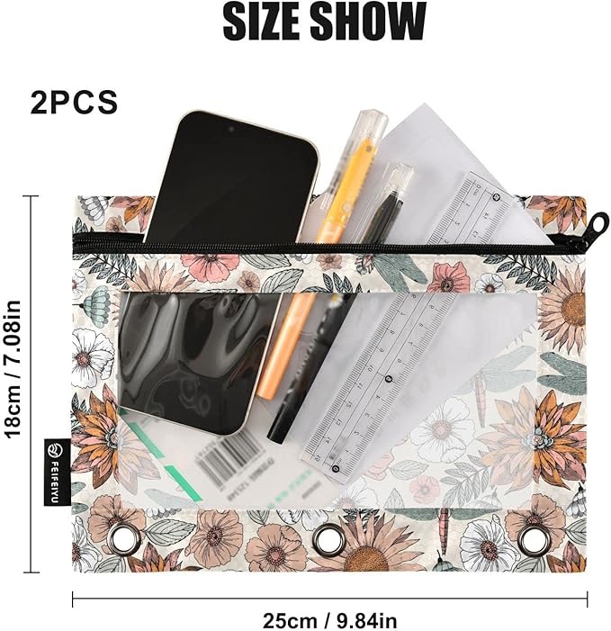 ALAZA Pencil Pouch for 3 Ring Binder, Boho Flowers and Dragonflies Binder Pencil Pouches with Clear Window Zipper Pencil Case Cosmetic Bags for Office College Supplies, 2PCS