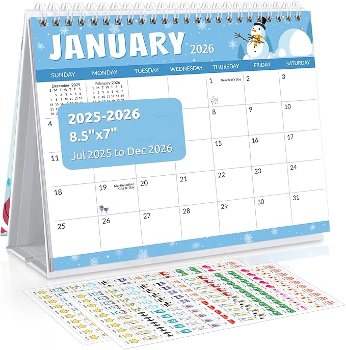 SKYDUE Desk Calendar 2025-2026, 18 Months Calendar from Jul. 2025 to Dec. 2026, 8.5" x 7" Standing Flip Small Desk Calendar Holiday Theme