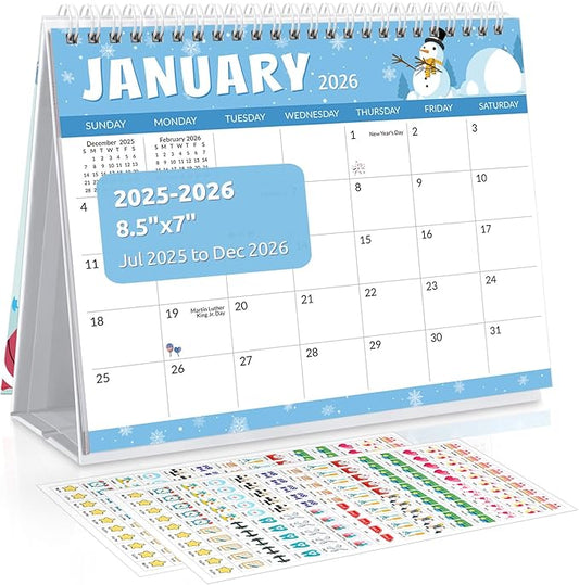 SKYDUE Desk Calendar 2025-2026, 18 Months Calendar from Jul. 2025 to Dec. 2026, 8.5" x 7" Standing Flip Small Desk Calendar Holiday Theme