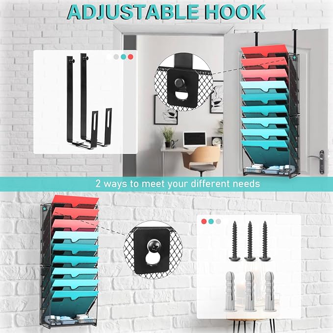 GALASALA Wall File Organizer, 10 Pockets Mesh Hanging File Organizer, Wall Mount File Holder With Hooks, Wall Organizer Magazine Rack for Office Supplies, Black