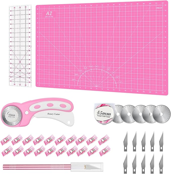 Rotary Cutter Set Pink - Quilting Kit incl. 45mm Fabric Cutter, 5 Replacement Blades, A2 Cutting Mat, Acrylic Quilting Ruler and Sewing Clips, Craft Knife Set, Ideal for Crafting, Sewing, Patchworking