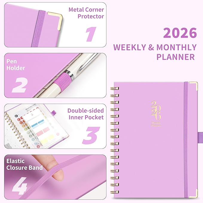 2026 Planner, Weekly and Monthly, A5 Size (5.7" x 8.3"), Jan 2026 - Dec 2026, Calendar, To-do List, Agenda, 12-Month Tabs, Hardcover, 100 GSM Thick Paper, Spiral-bound (Purple)