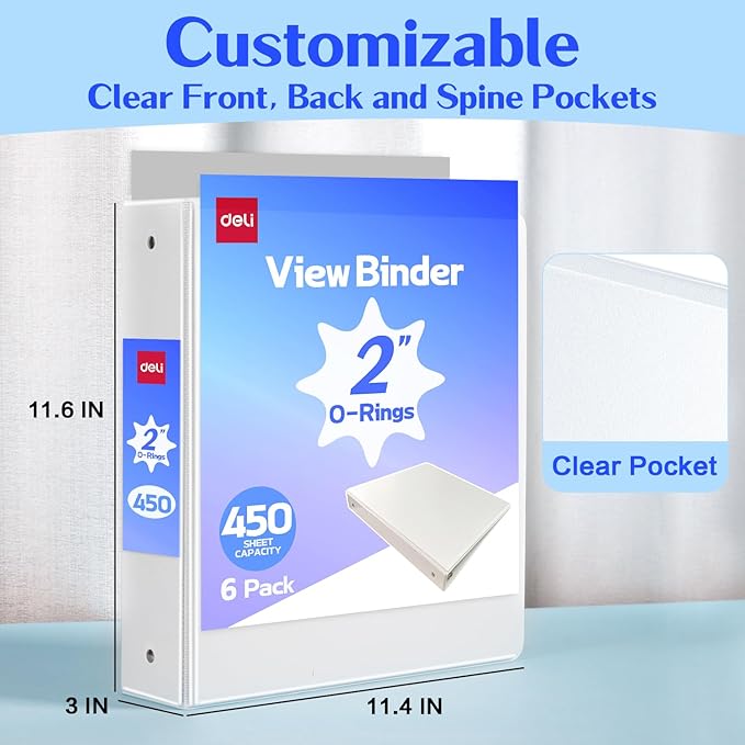 Deli 2-inch 3 Ring Binder with 2 Interior Pockets, 450 Sheets Capacity, 2 inch Binders fits 11" x 8.5" US Letter Size, White, 6 Pack
