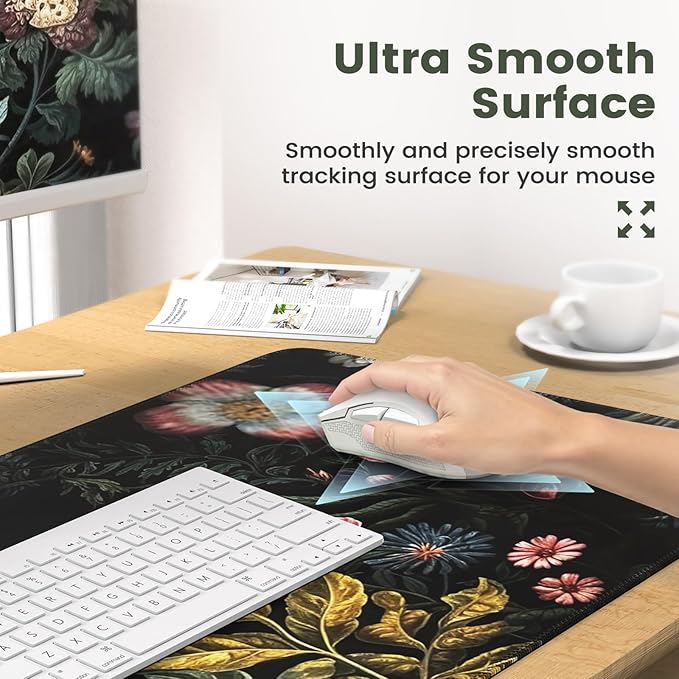 iCasso Desk Cover Mat, 4in1 Floral Large Mouse Pad with Wrist Rest, Desk Matt for Desktop, Anti-Slip XXL Big Computer Ergonomic Mousepad with Wrist Support for Keyboard and Mouse (Elegant Flowers)
