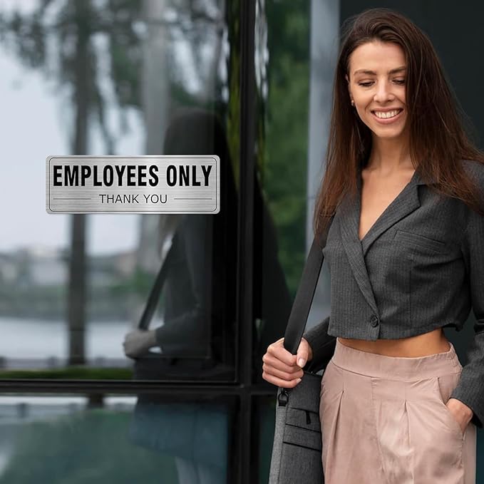 Employees Only Sign Aluminum Silver 9 x 3 Inches Self-Adhesive Waterproof Metal Door Wall Sign for Business Offices 4 Pack