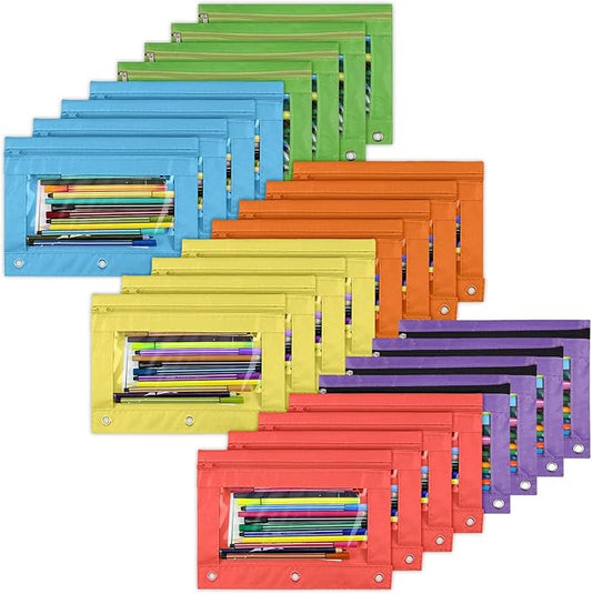 YoeeJob Pencil Pouch for 3 Ring Binder，Zipper Pencil Pouches Bulk，Pencil Case Pouch with Clear Window for Class, School, Office, 6 Colors-24 Packs