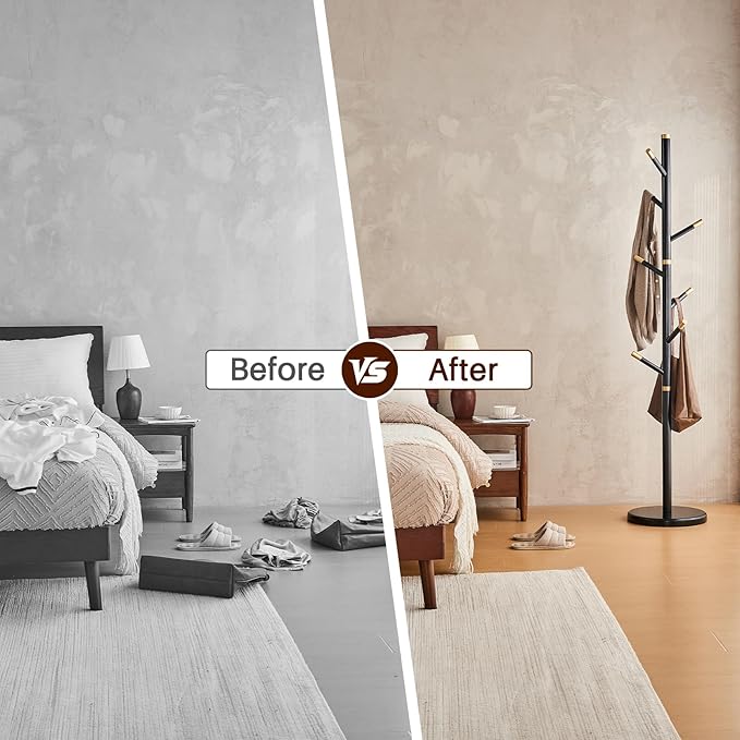 Uniclinens Coat Rack Freestanding Solid Wood Coat Tree Standing with 7 Hooks, Coat Rack Stand Creative Tree Branch-look (Black)