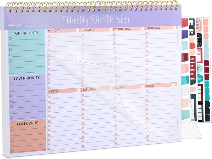 Weekly To Do List Notepad with 52 Undated Sheets, 8.5"×11" Weekly Desk Planner Undated Weekly Planner with Spiral Bound for Women & Man Home School and Work, Purple