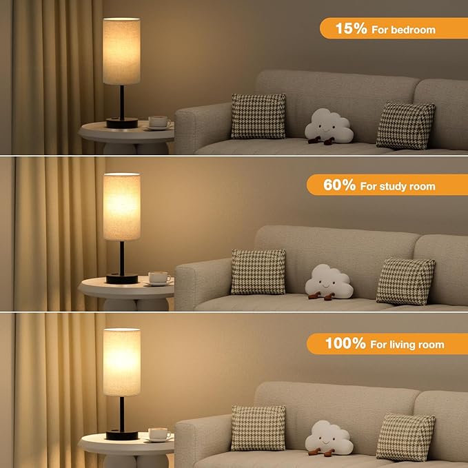 Fenmzee Touch Table Lamp - Beige, 3-Way Dimmable, USB A + C Charging, AC Outlet, 17.4inch Medium, Black Metal Base