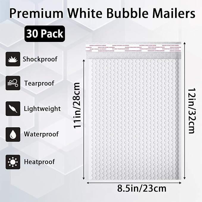 30 Pack 8.5x12" Poly Bubble Mailers, White Self Seal Padded Envelopes, Waterproof Lightweight Mailing Shipping Bags Bulk for Thick Books, Clothes, Holiday Gifts, Business Packaging ﻿