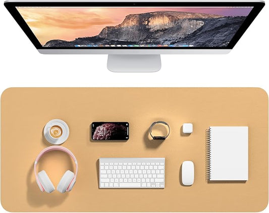 Hsurbtra Desk Pad, 35.5" x 17" PU Leather Desk Mat, XXL Extended Mouse Pad, Waterproof Desktop Blotter Protector, Non-Slip Ultra Thin Large Laptop Keyboard Writing Mat for Office Home, Earth Yellow