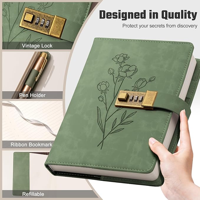Lock Diary for Women Diary with Lock for Girls A5 Leather Locked Journal 260 Pages 100 GSM Refillable Journal with Lock for Teens Secrets Flower Journals with Combination Passwords, 5.7"x8.3", Green
