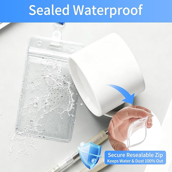 50 pcs Clear Vertical ID Badge Holder, Waterproof Plastic Name Tag Sleeve with Resealable Zip, 3.62" x 2.44"Card Protector for Nurse, Teacher, Student, Office, School Use
