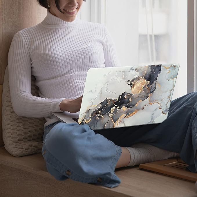 KEROM Compatible with MacBook Air 13 inch Case 2021 2021 2020 2019 2018 Release M1 A2337 A2179 A1932, Protective Plastic Hard Shell Case & Keyboard Cover, Has Logo Cutout, Blue Gold Marble